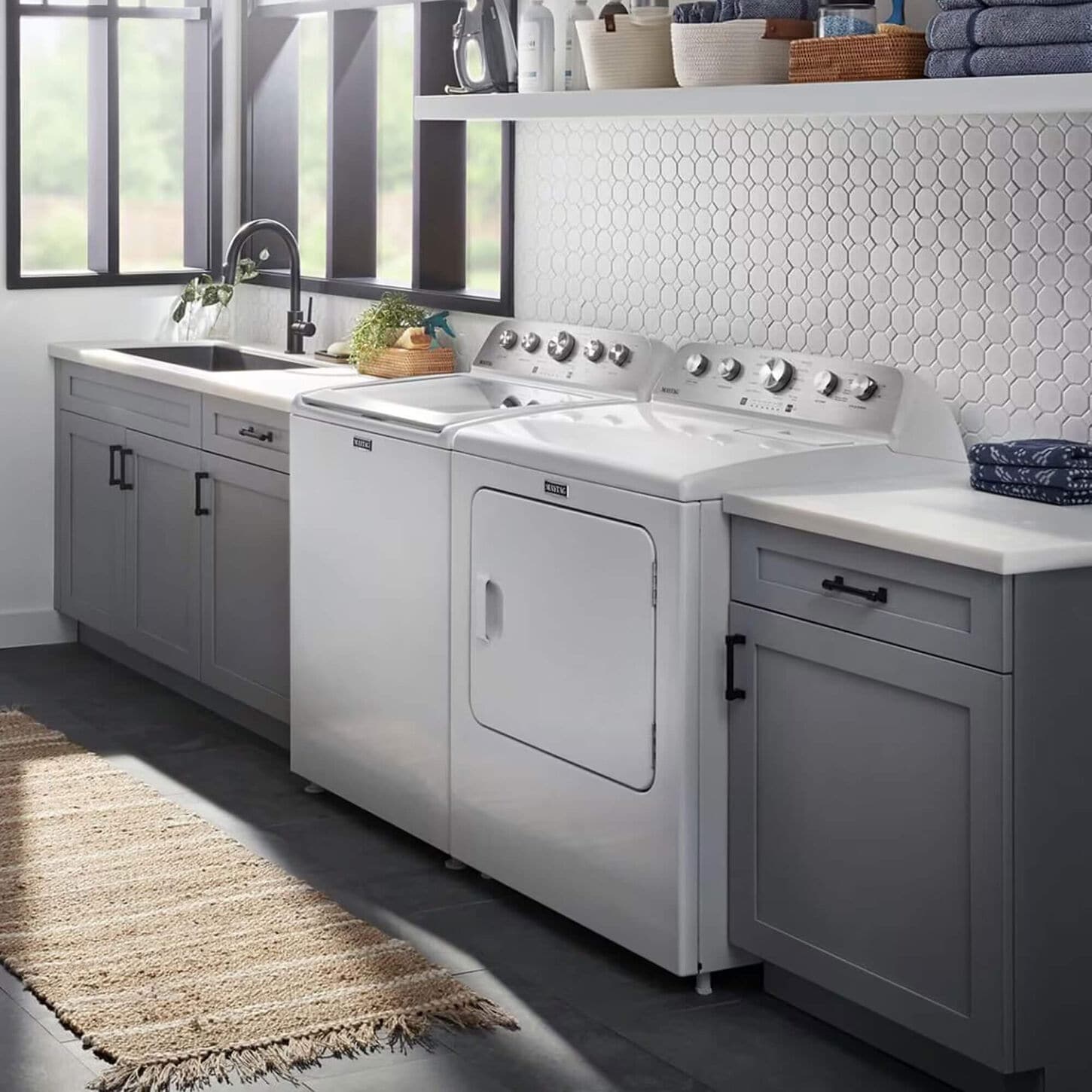 Maytag 4.8 cu ft Top Loading Impeller Washer with Extra Power and 7.0 cu ft Electric Dryer with Steam in White