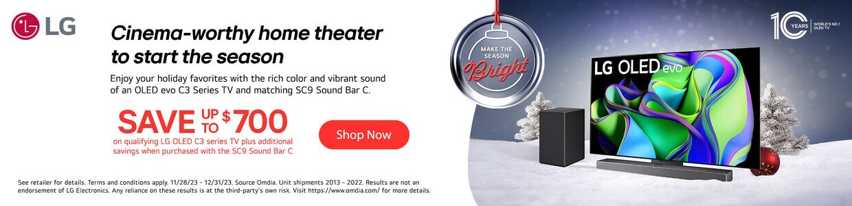 LG OLED | Cinema-worthy home theater to start the season. Save up to $700 on qualifying LG OLED C3 series TV plus additional savings when purchased with the SC9 Soundbar C. Shop Now