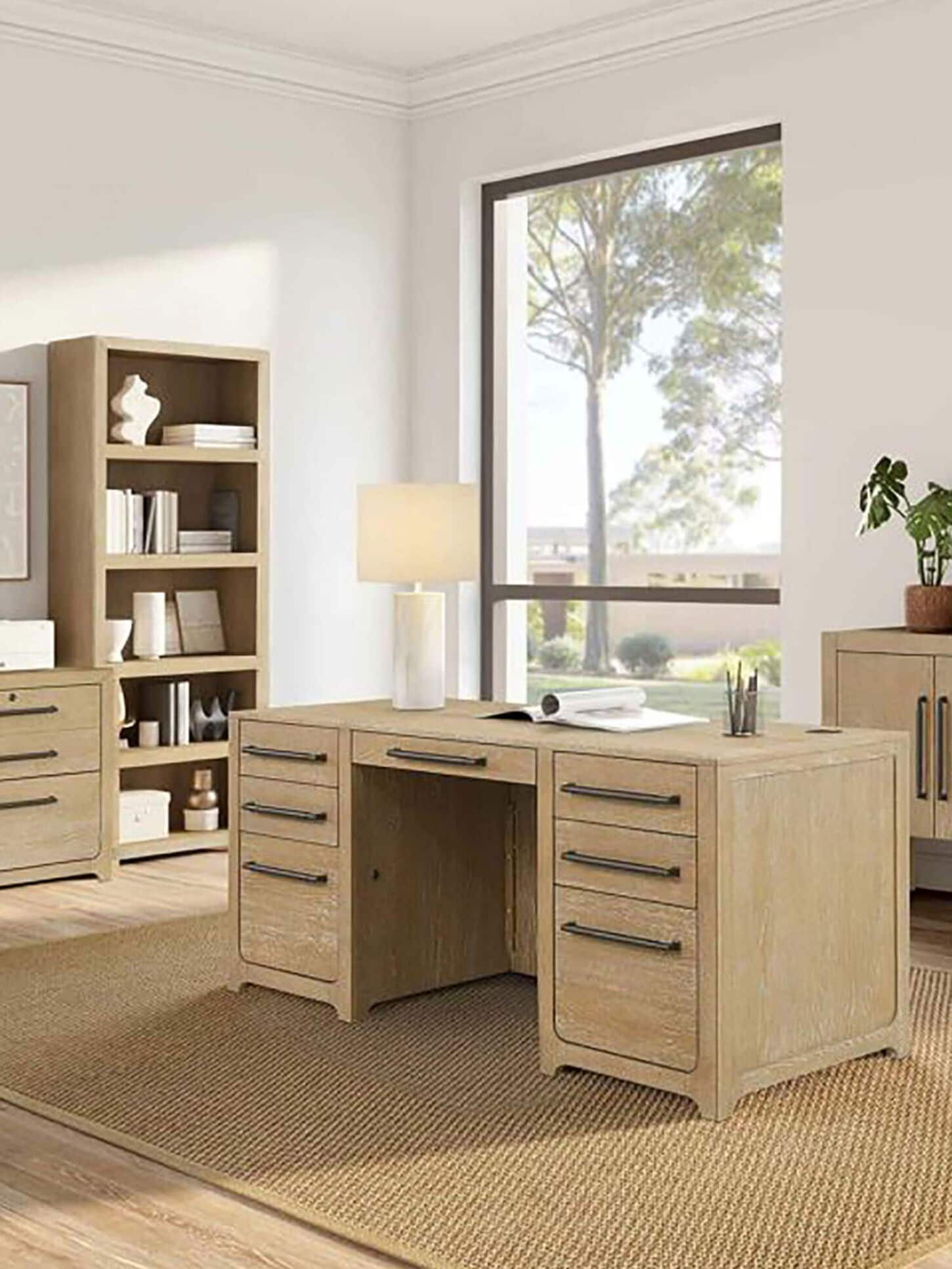 Light brown office furniture featuring a filing cabinet