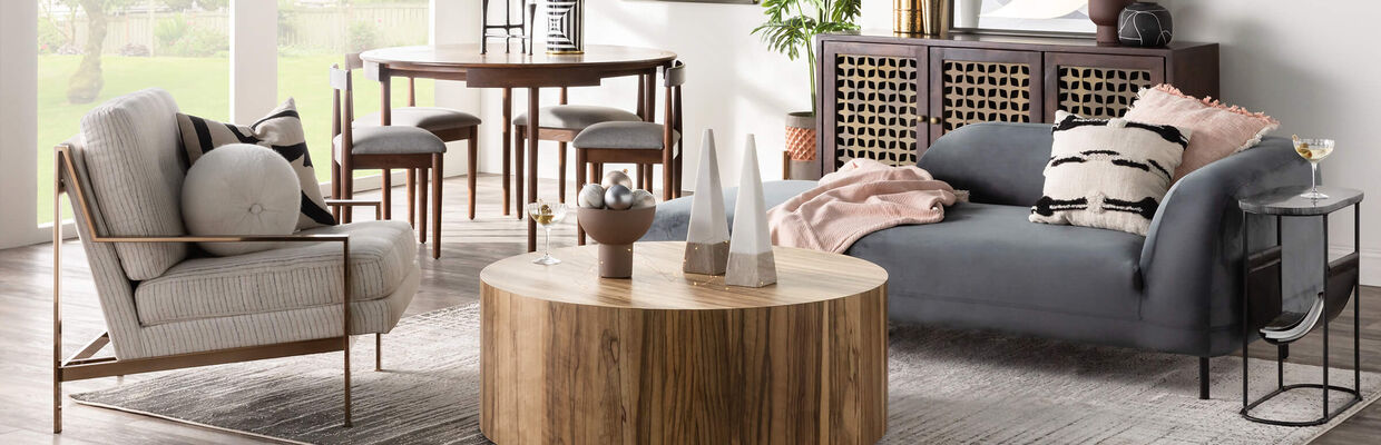 Living room with modern furniture in neutral tones