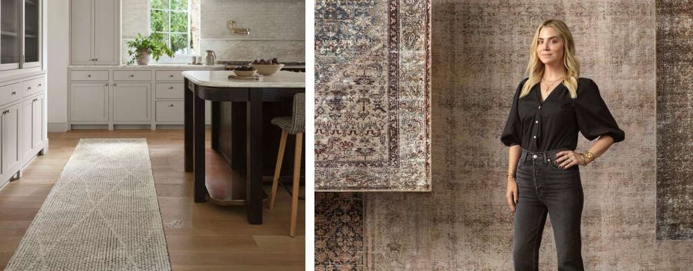 Amber lewis standing by her new collection of Rugs, Home Decor, and more. Includes preview of home entryway with runner rug and living room with accent rug.