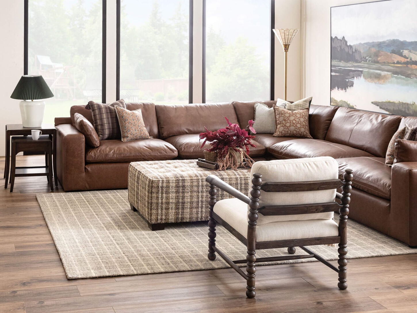 Living room sectional with accent chair and tables