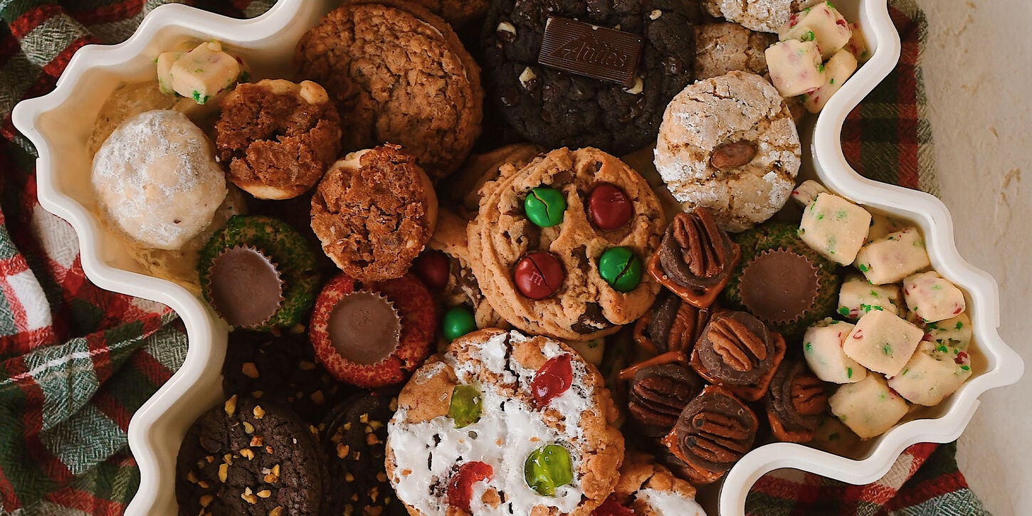 cookies in a snowflake bowl at the cookie exchange