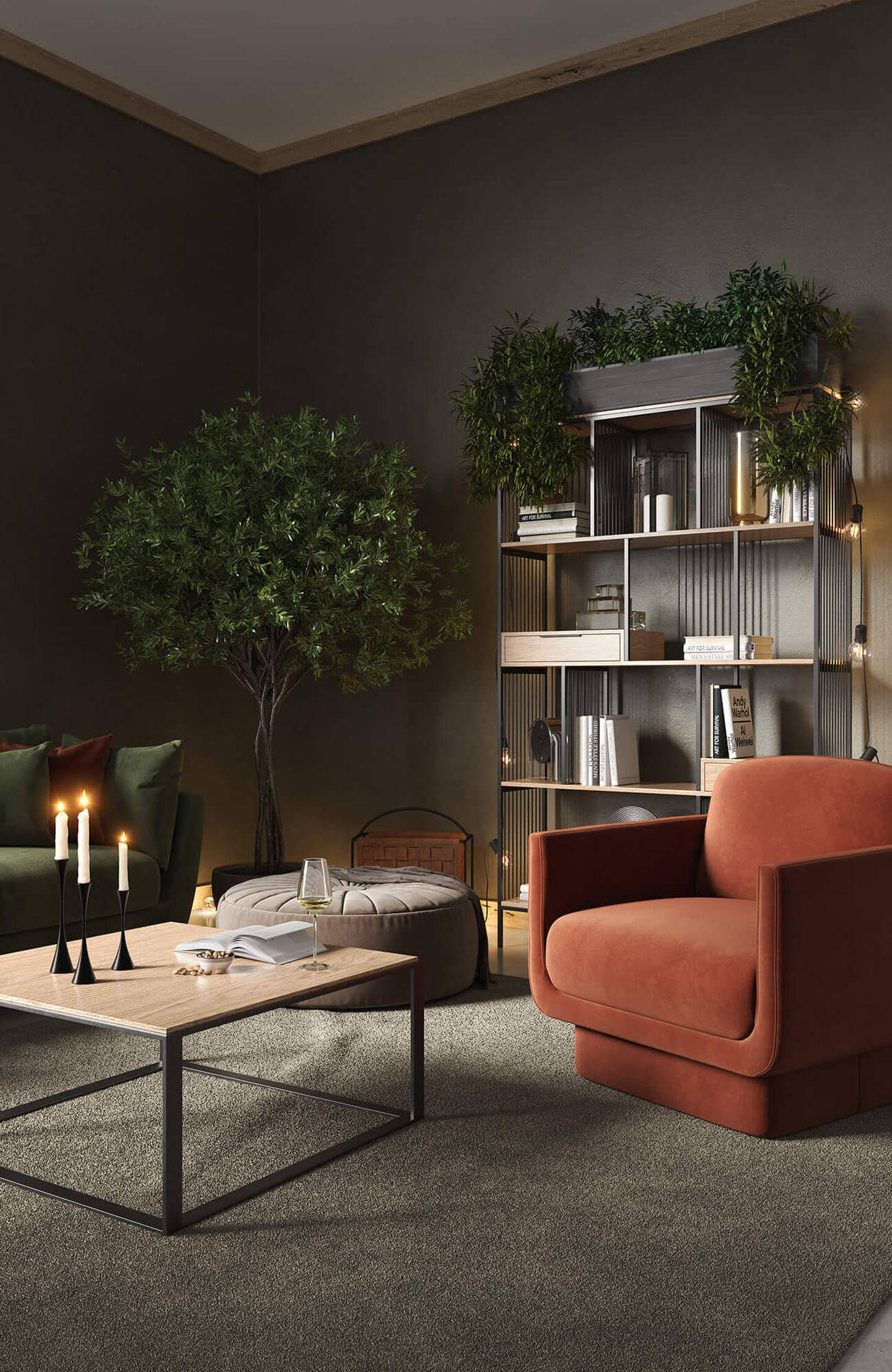 A living room with warm leather couches and a green accent wall with beautiful art work 