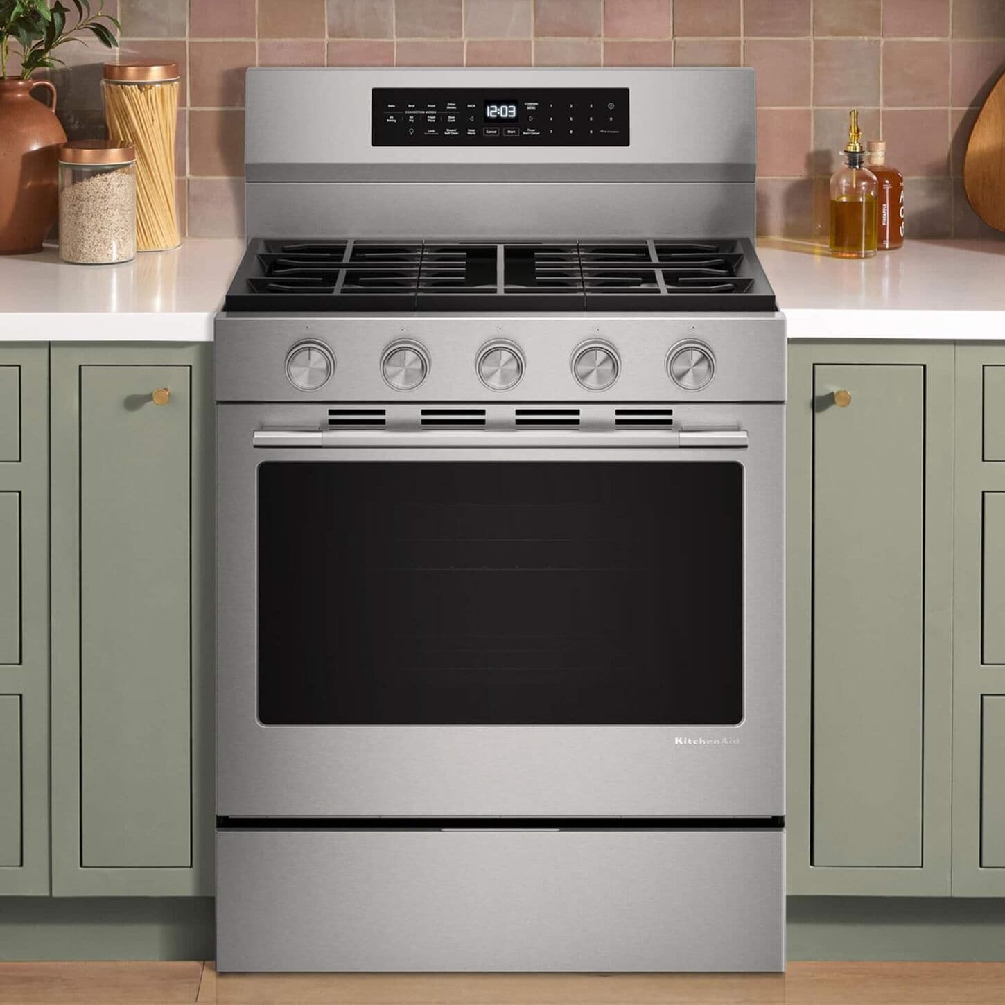 Cafe 30" Slide-In Gas Double Oven with Convection Range in Matte White with Brushed Bronze Handle