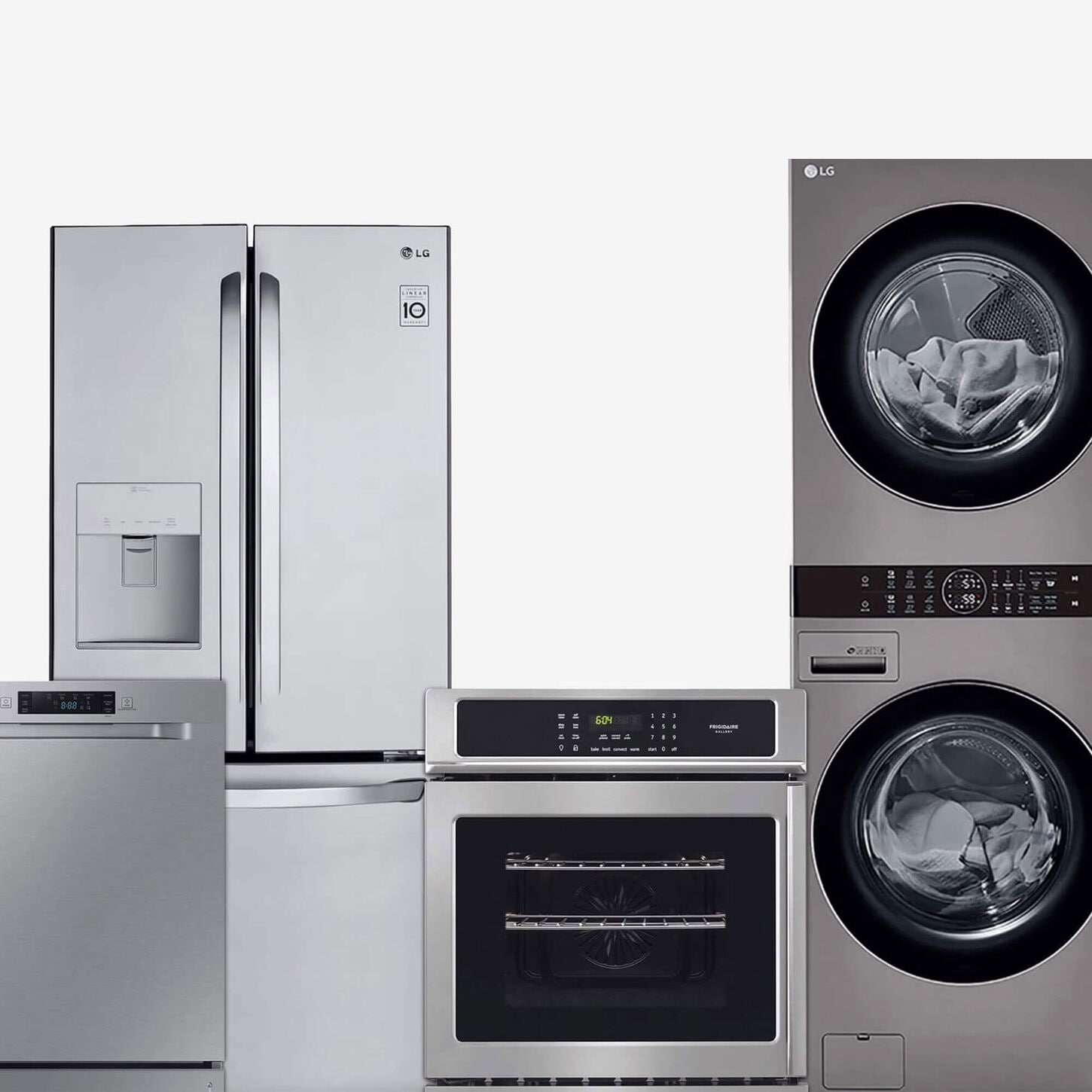 Appliance collage with fridge, range, dishwashers, and laundry tower