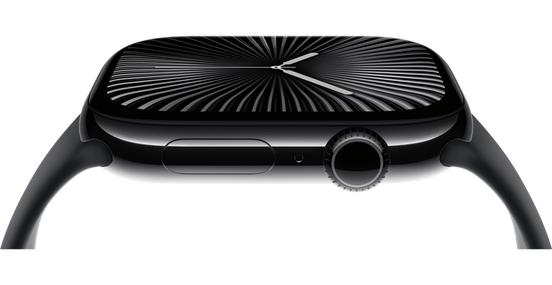 A black Apple Watch from a sideview
