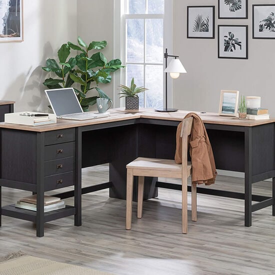 Sauder Cottage Road L-Shaped Desk in Raven Oak and Lintel Oak