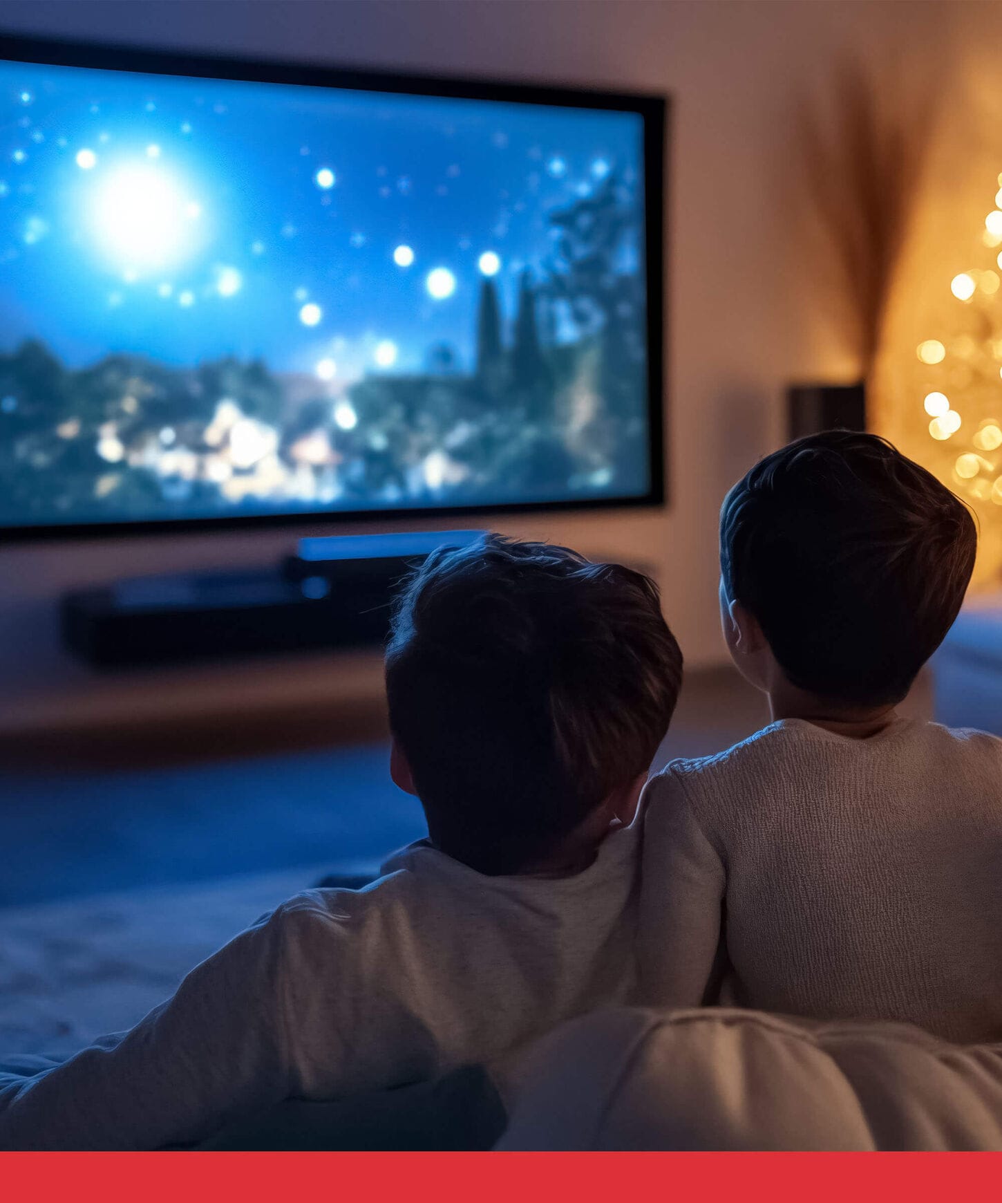 Back view of happy family watching a movie.