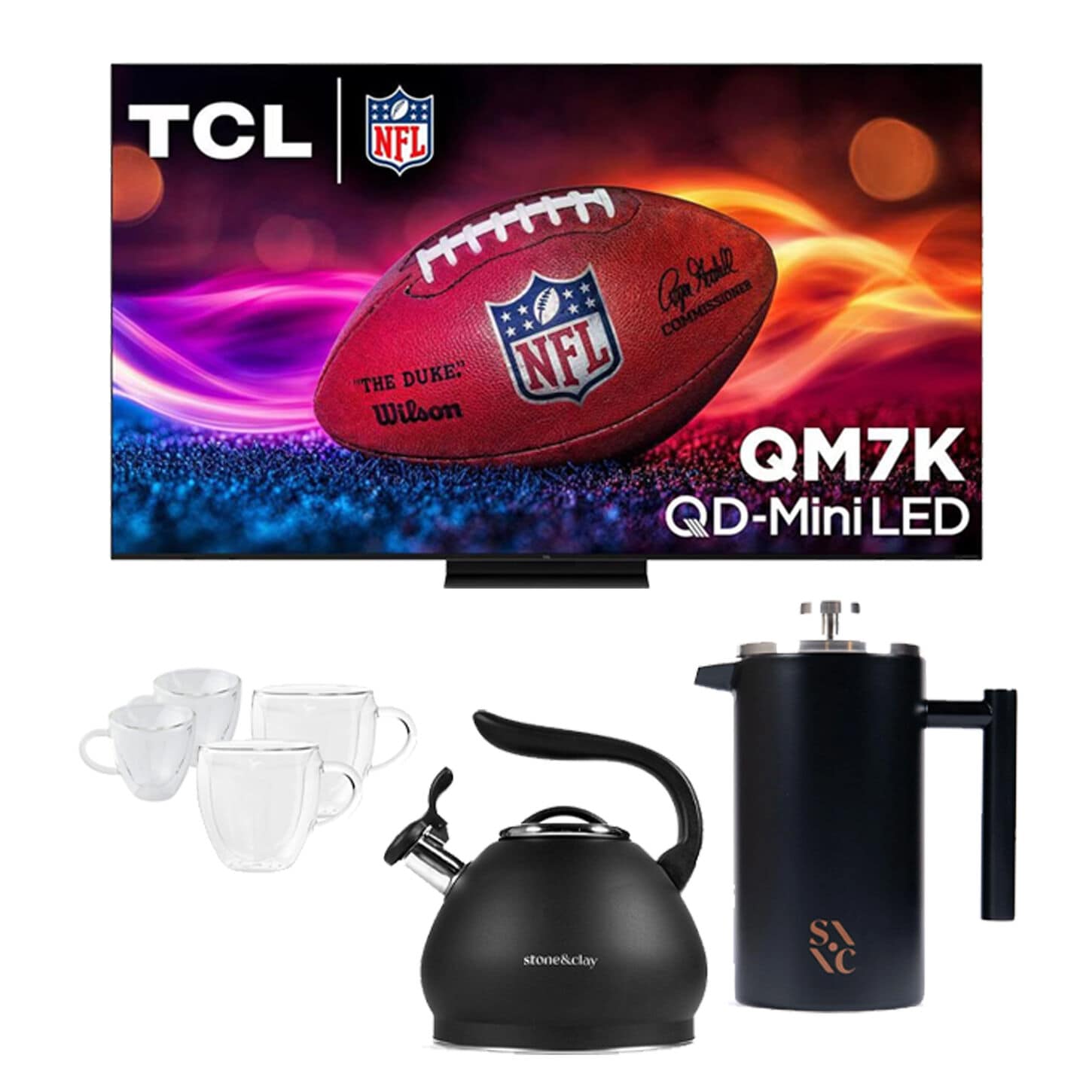 Big screen tv, tea pot and cups, and coffee maker