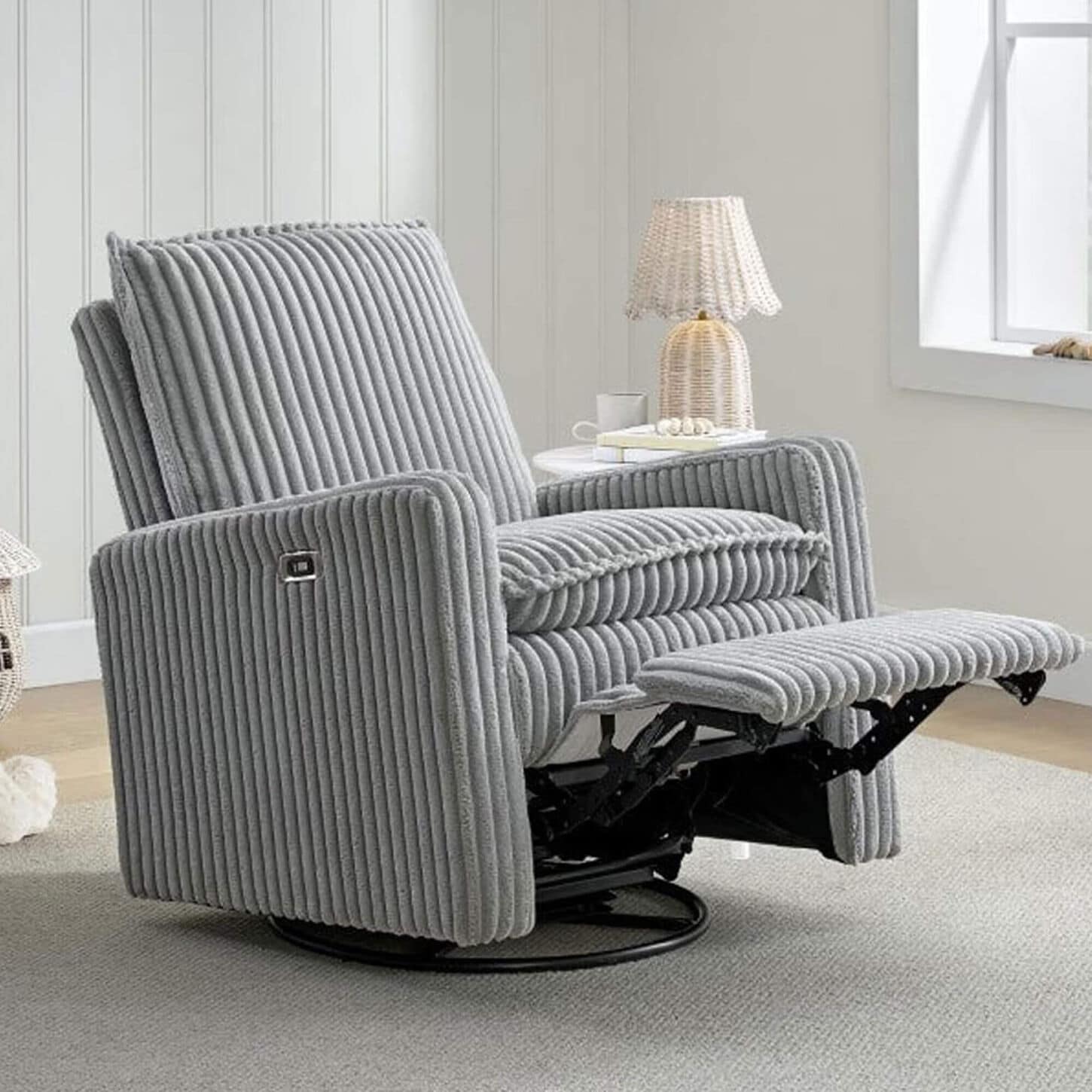 Oxford Baby Uptown Power Swivel Nursery Glider Recliner in Corduroy Ash Gray