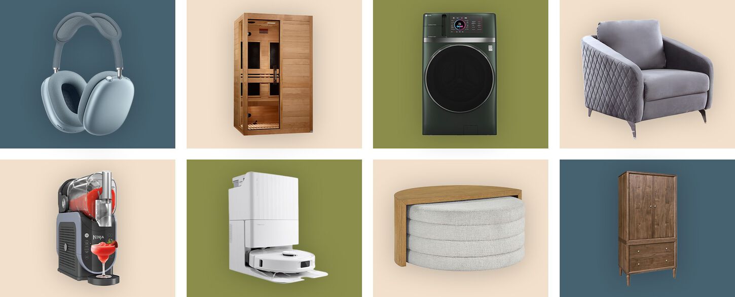 Collage of new and trending products with blue backgrounds