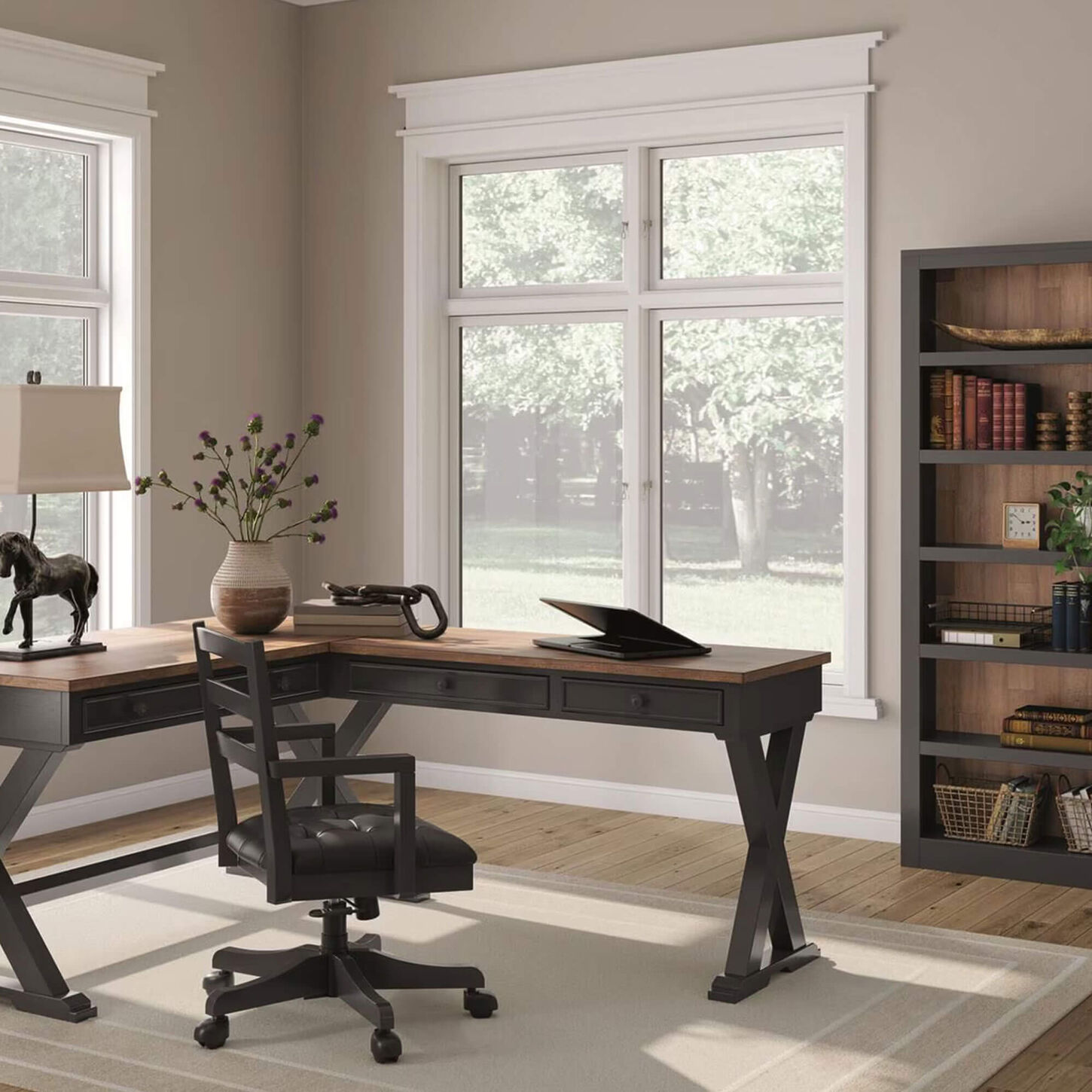 Ashley Wildenauer L-Shaped Desk in Rich Brown and Warm Satin Black