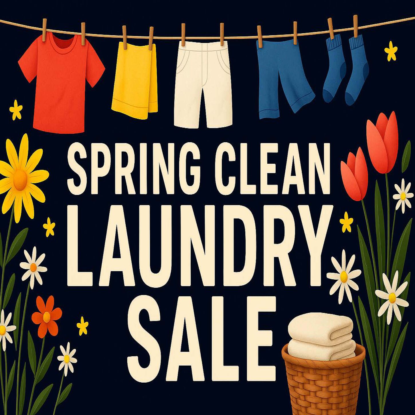graphic with multi colored laundry on a clothesline and flowers with the words spring clean laundry sale