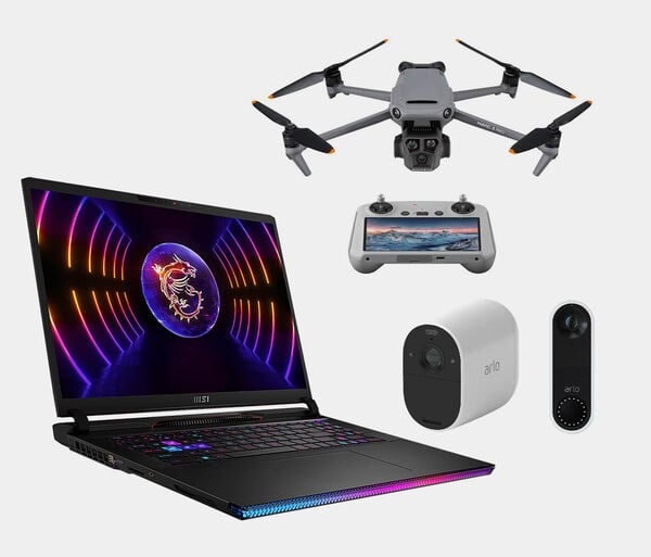 DJI Mavic 3 Pro, MSI Raider GE78 HX 13VI-079US 17 inch i9 Gaming Laptop, Arlo Essential XL Indoor/Outdoor Wireless Security Camera in White + Smart Wifi Video Doorbell in Black and White