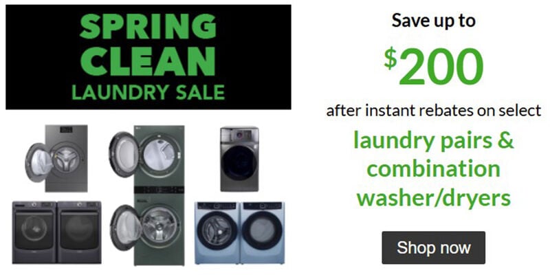 spring clean laundry sale banner with multiple laundry units pictured 