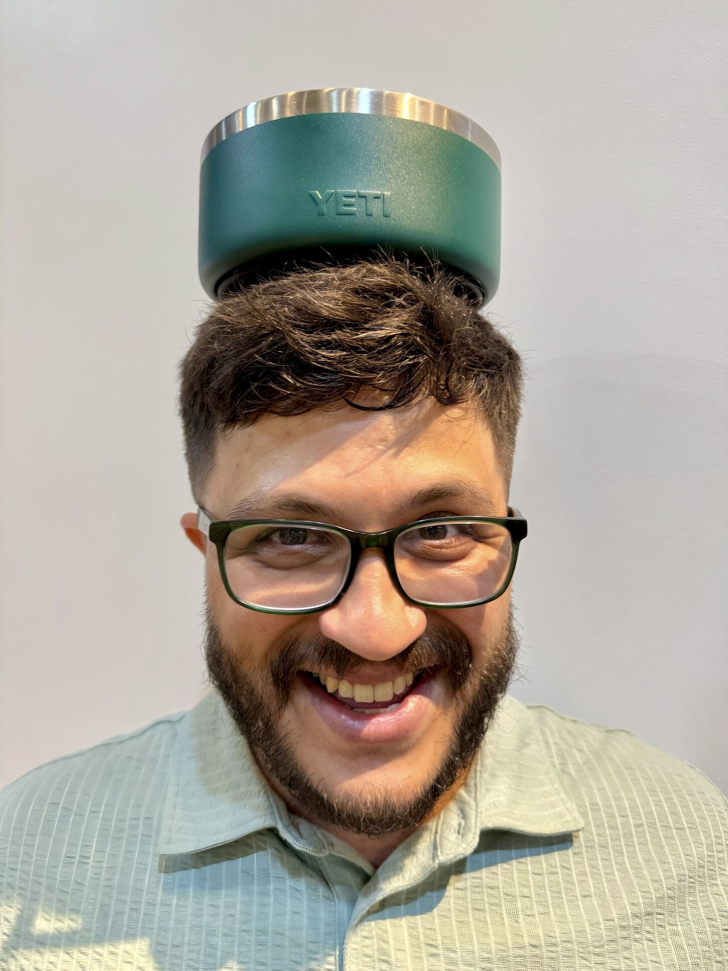 Bryan on Omaha with a Yeti Dog bowl on his head