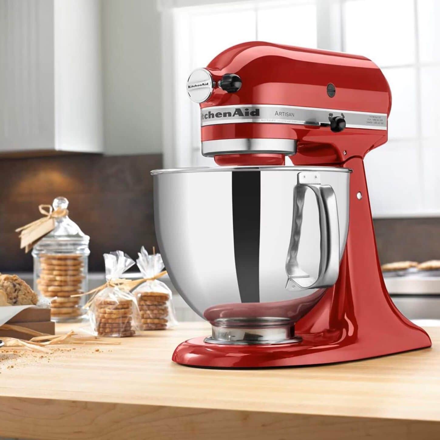 red kitchenAid stand mixer on a countertop