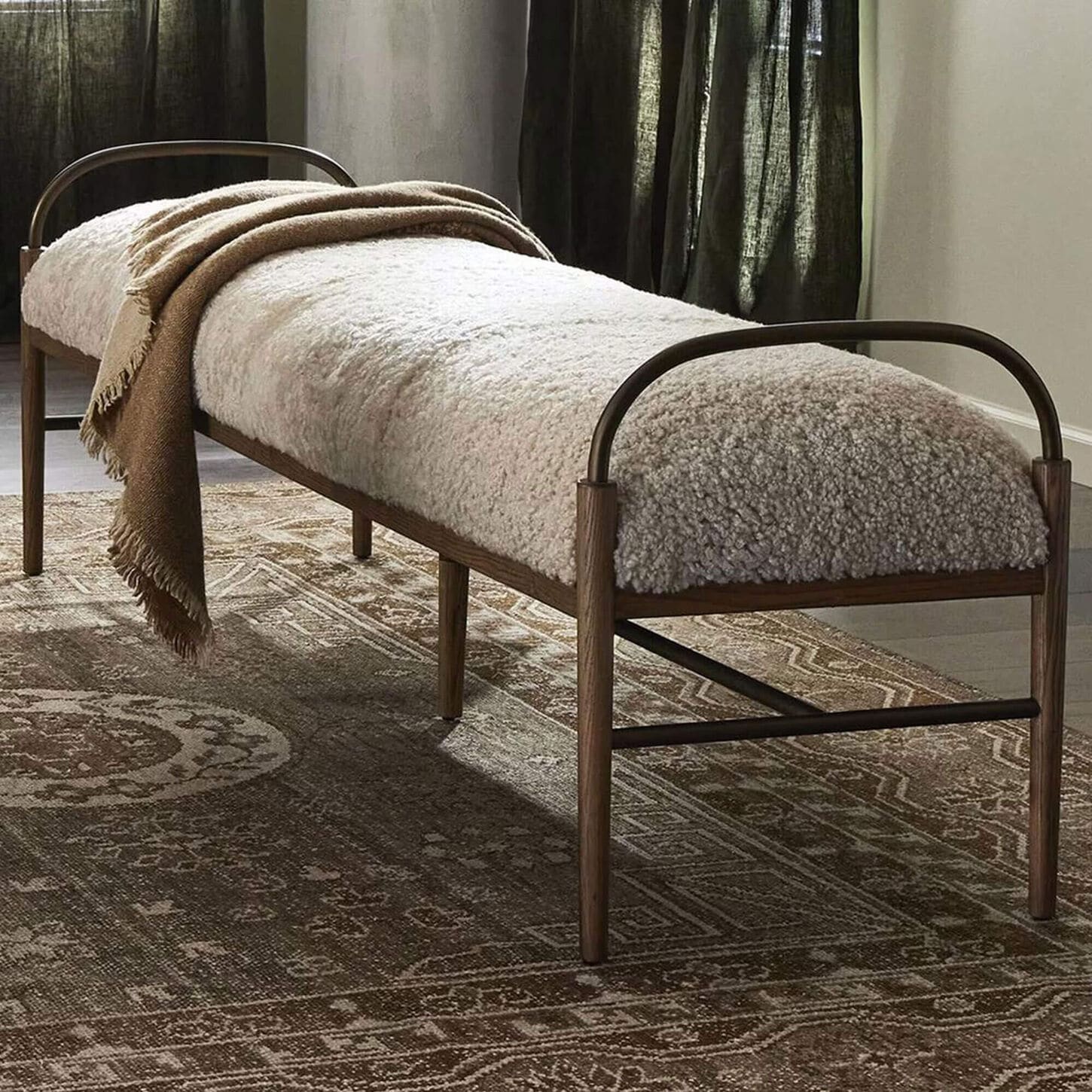 Four Hands Demi Accent Bench in Beige Shearling