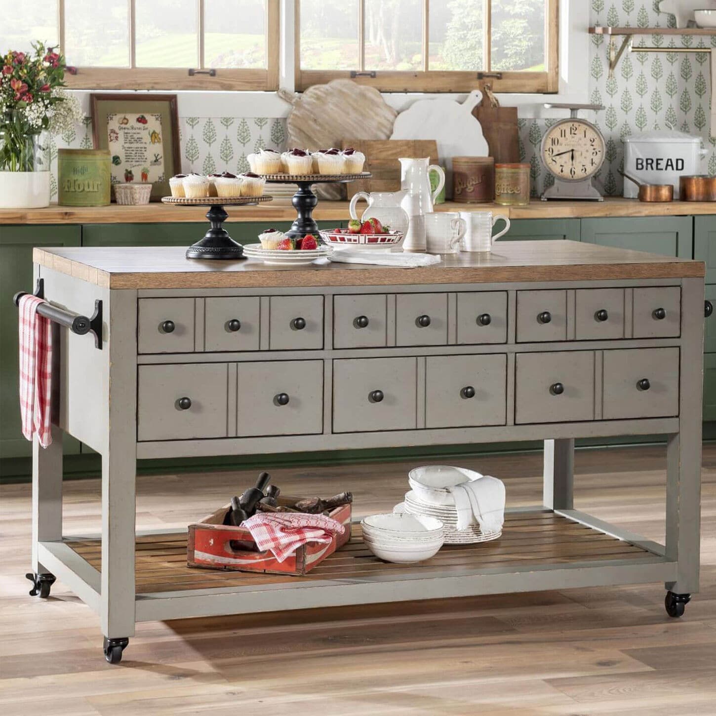 Legacy Classic Vintage Market Kitchen Island in Barnwood Oak and Northern Moss