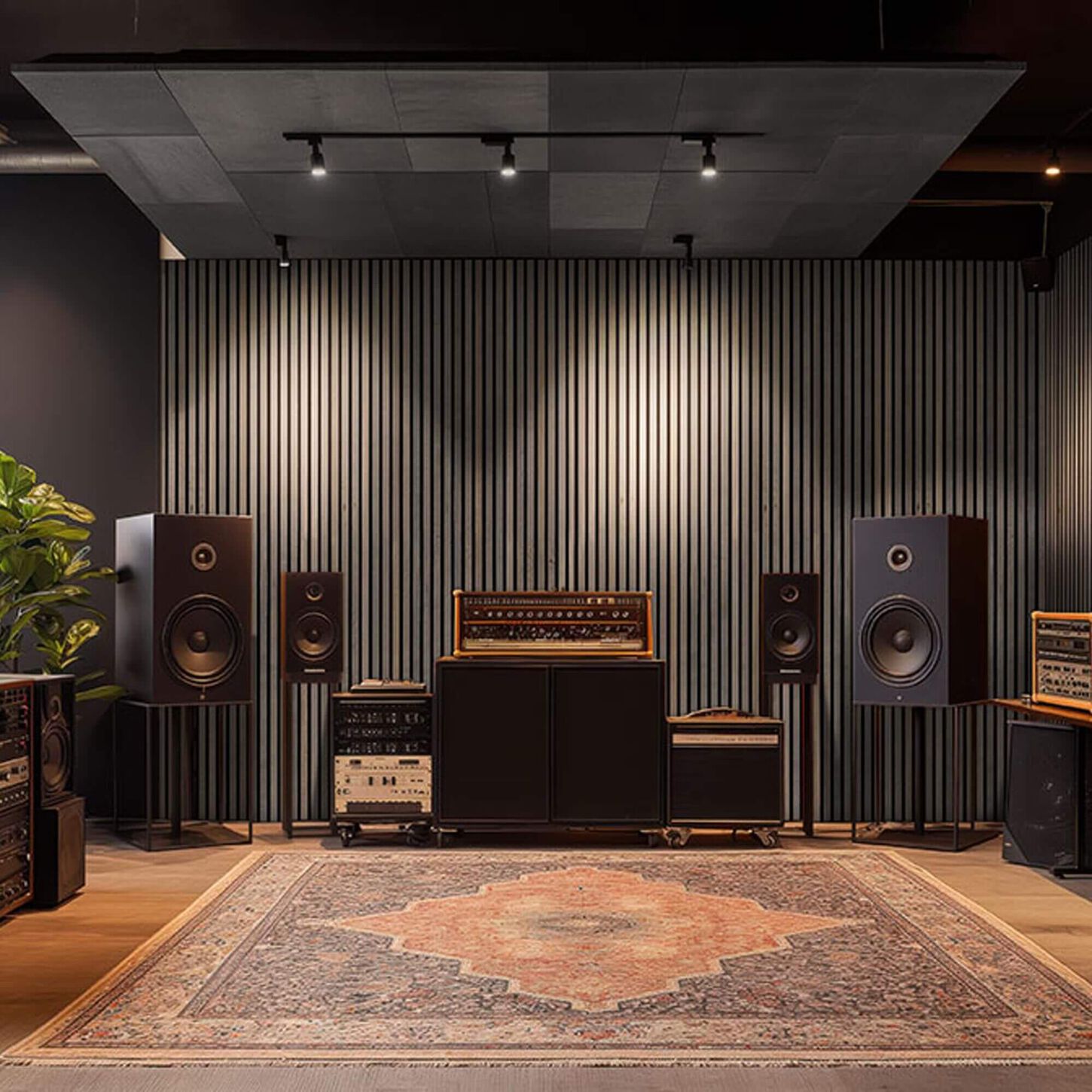 Room with large area rug, lots of stereo speakers with acoustic wood slat wall in the background