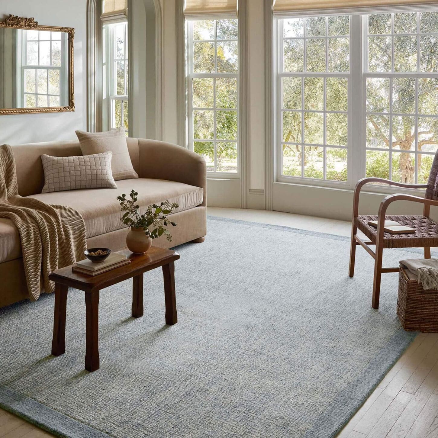 Blue rug in room with tan sofa