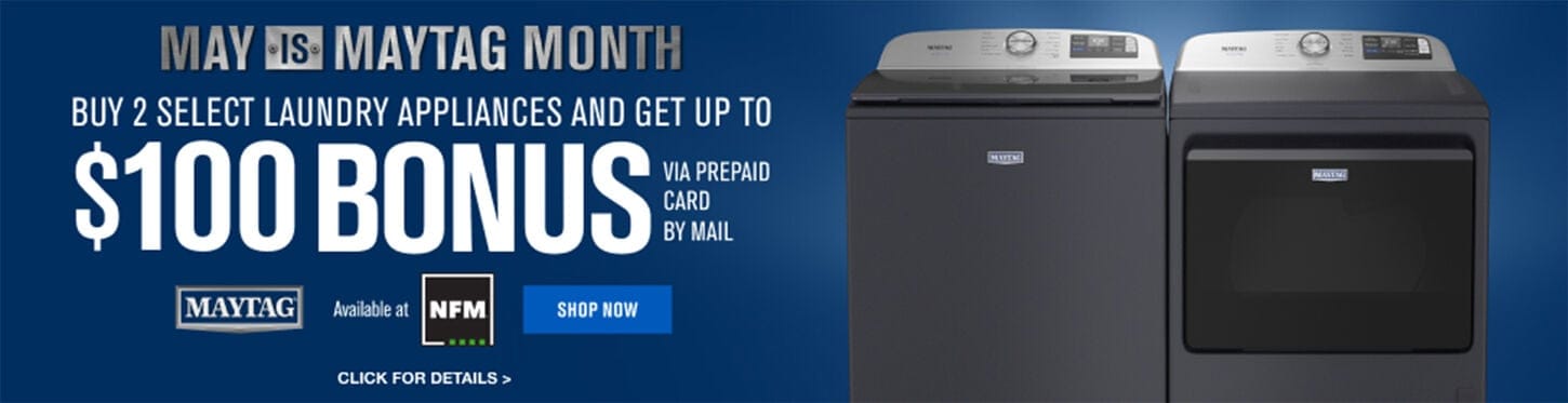 Maytag month information graphic about $100 rebate for laundry pair purchases