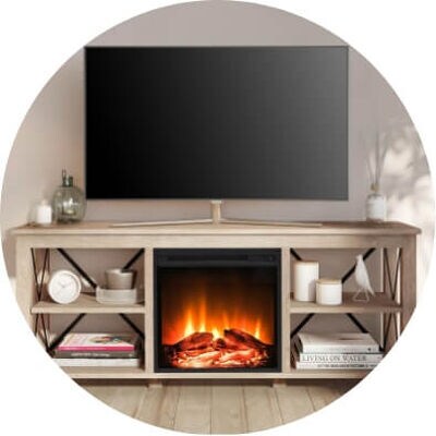Hudson and Canal Sawyer TV Stand with Fireplace Insert in White Oak