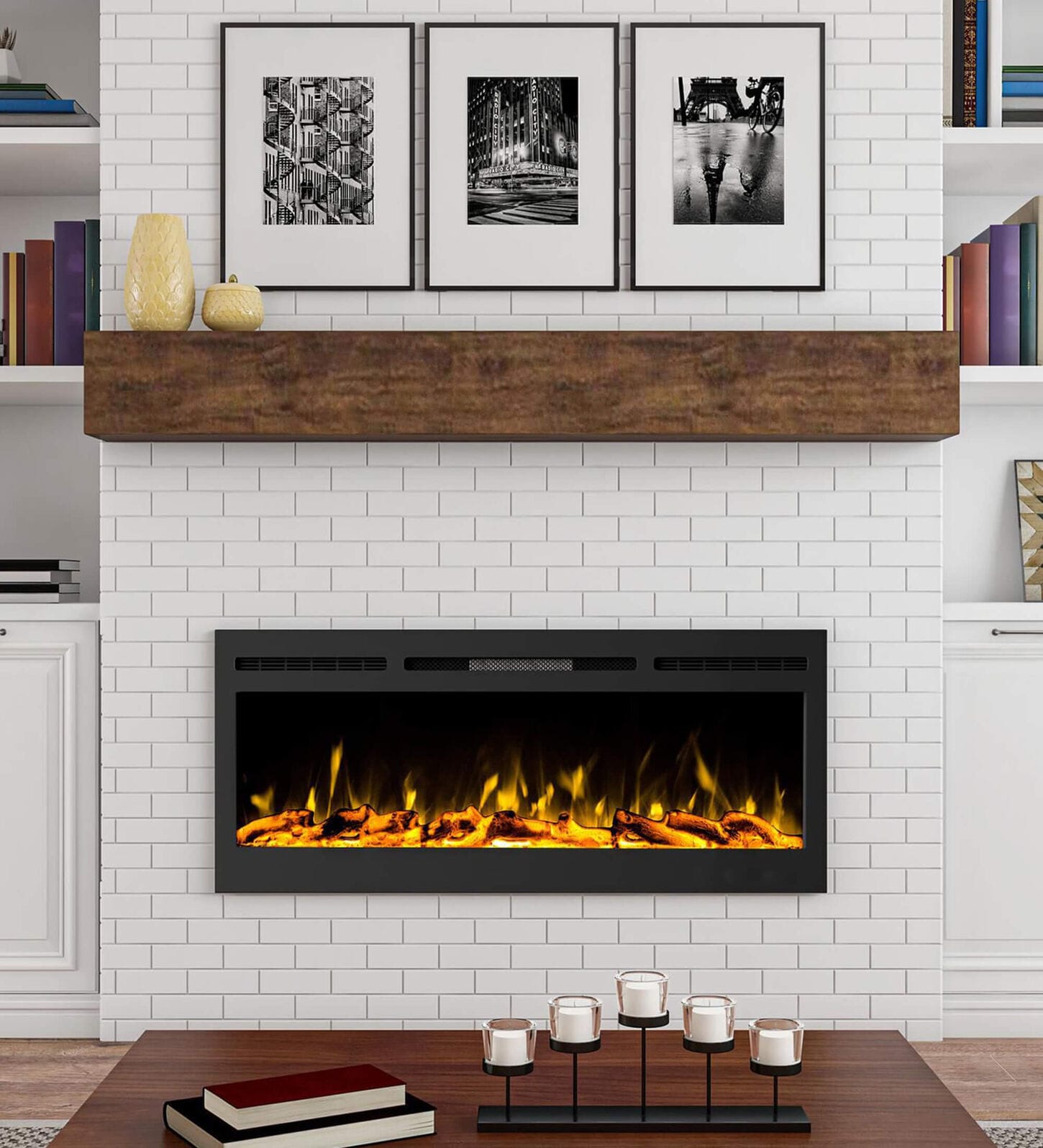 electric fireplace mounted into wall of home living room