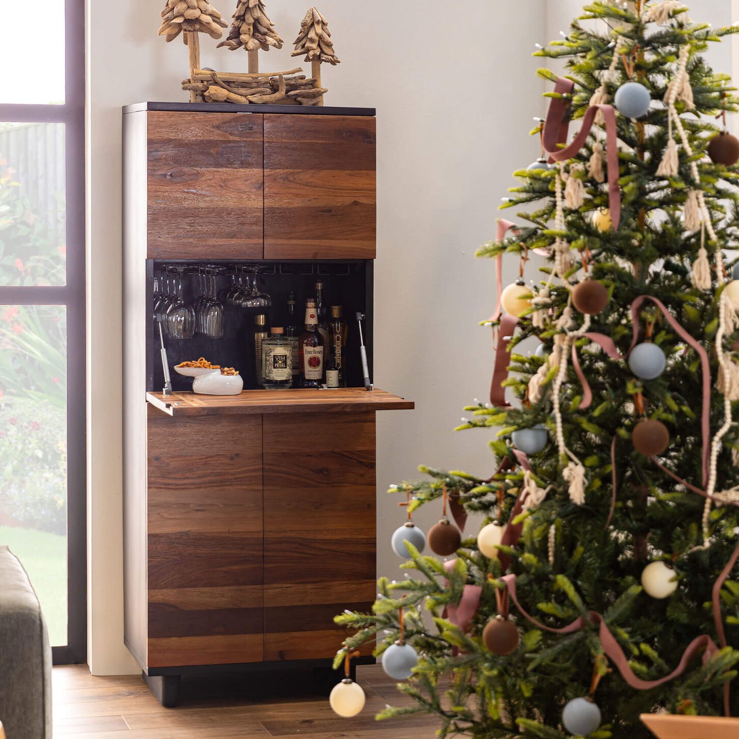 Home Trends & Design Santa Fe 72 Inch Bar Cabinet in Natural and Matte Black