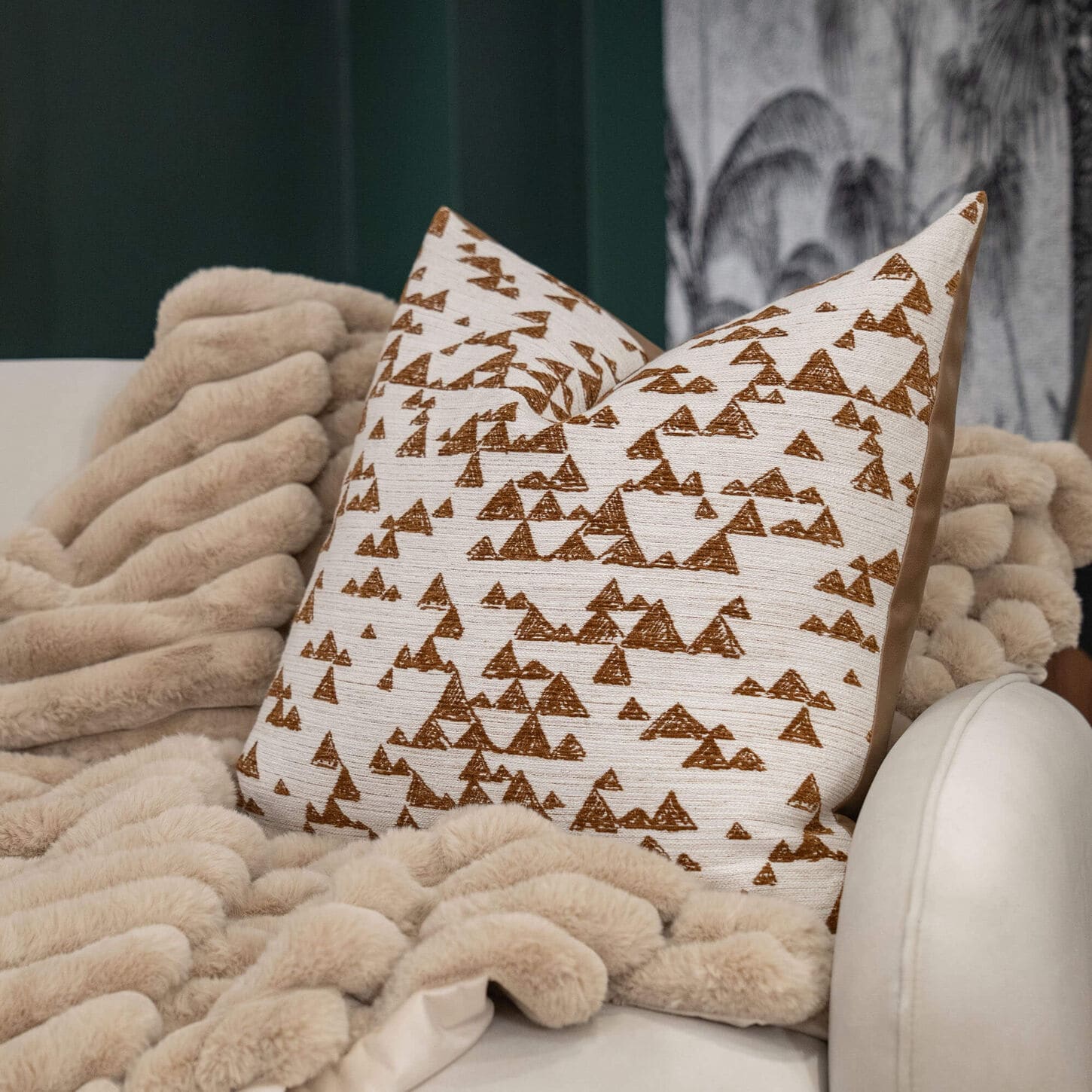 White and brown pillow on a throw blanket in a living room on the couch