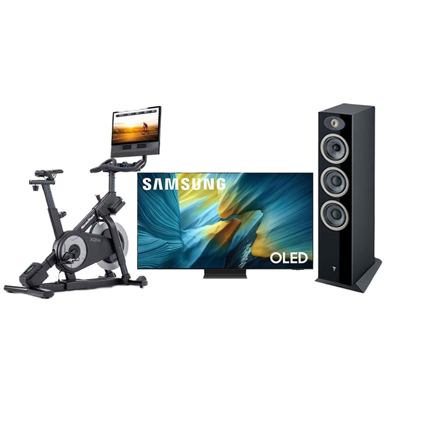 Collection of Fitness Bike, Samsung TV and Home Speaker