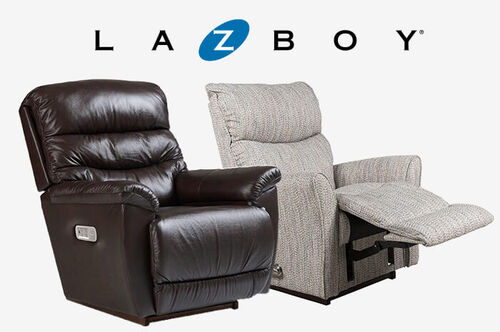 La-Z-Boy Rowan Rocker Recliner in Haze and La-Z-Boy Joshua Power Rocking Recliner with Power Headrest and Lumbar in Chestnut