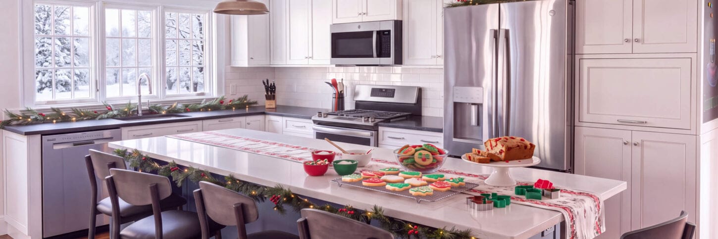 Modern white kitchen decorated for the holidays