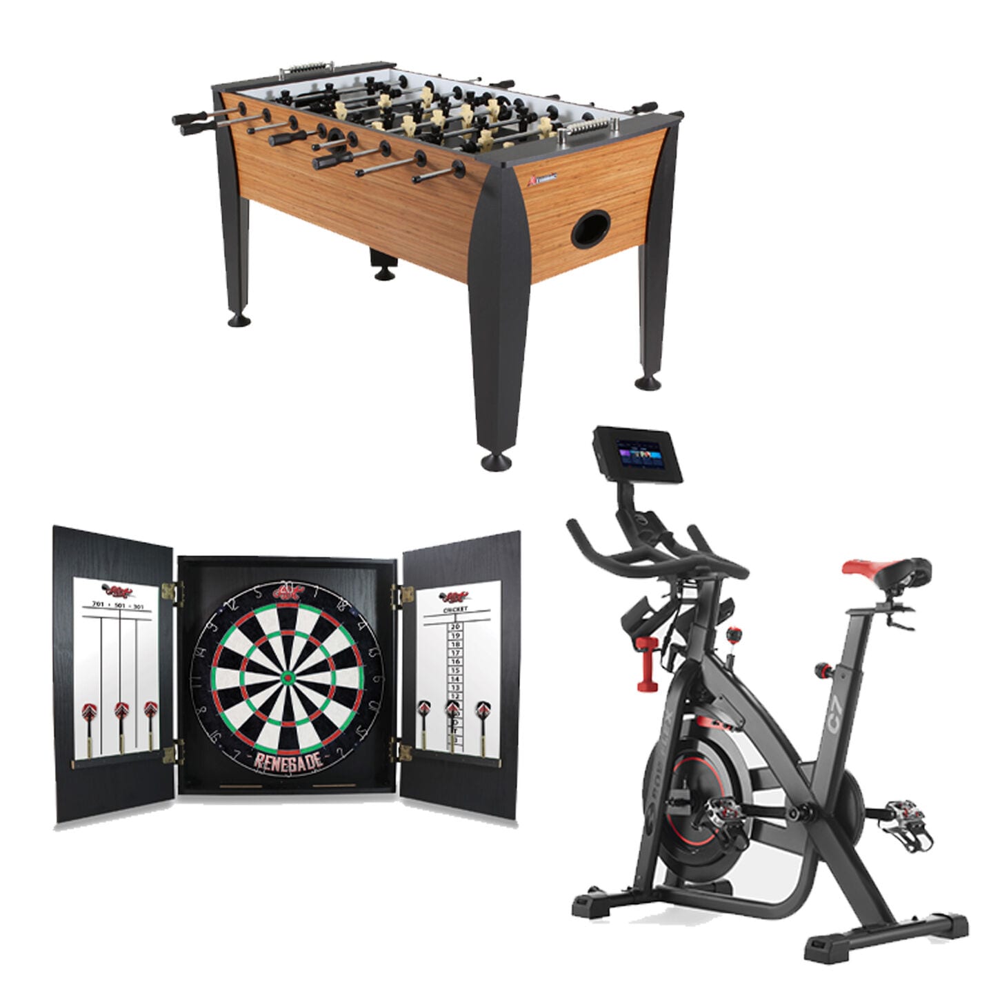 Dart throwing, board game, and cycling bike