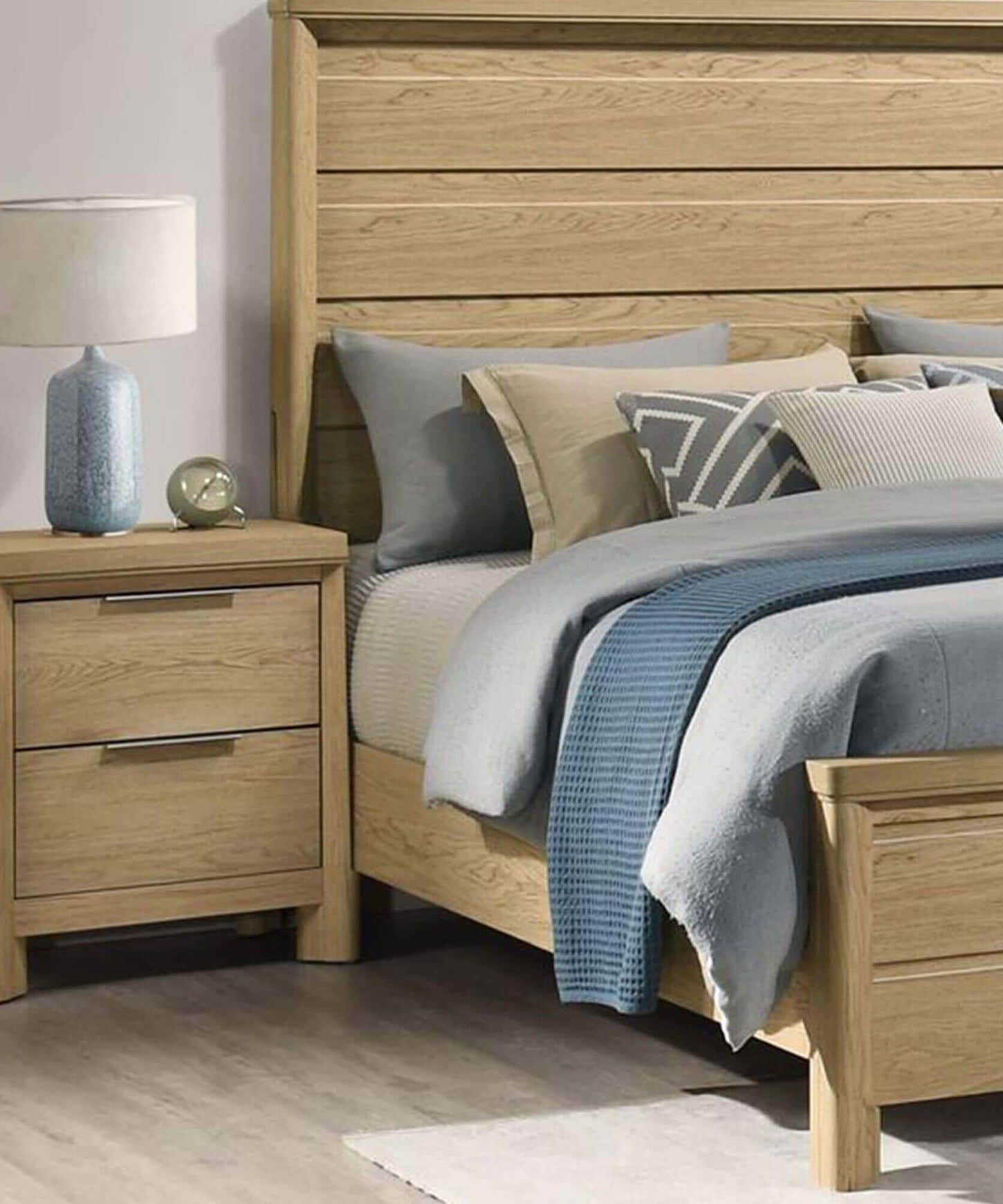 Light wood-finished Bed with matching nightstand 