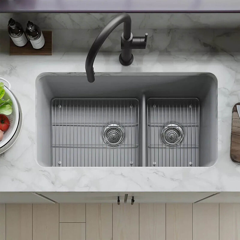 top view of a kohler grey double bowl sink
