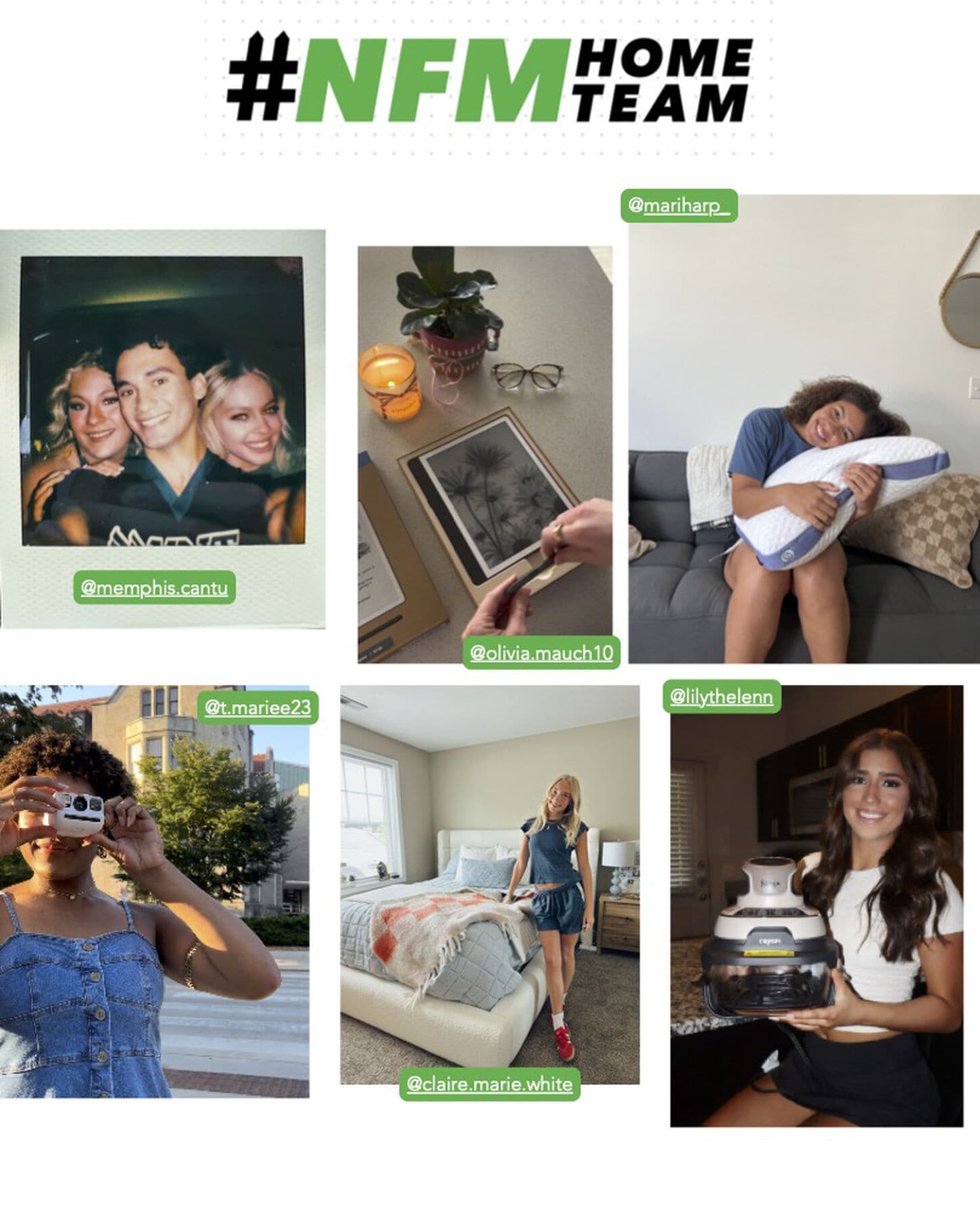 collage of student athletes at various different schools posing with nfm products