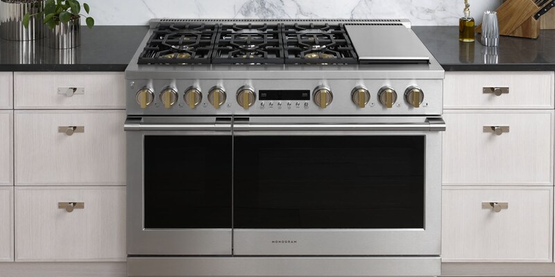 monogram gas range in kitchen