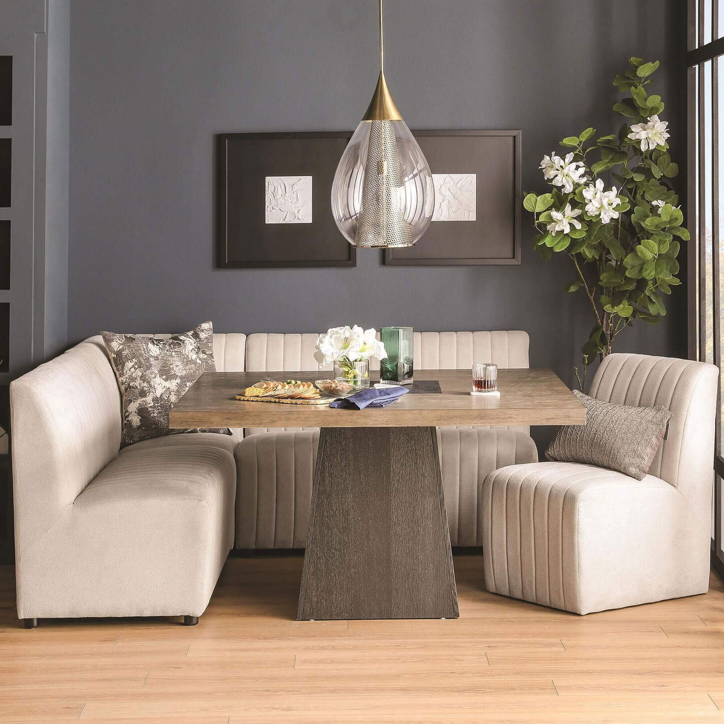 Mayberry Hill Jemma 6 Pice Contemporary Corner Dining Set in Grey Finish and Beige Linen Upholstery