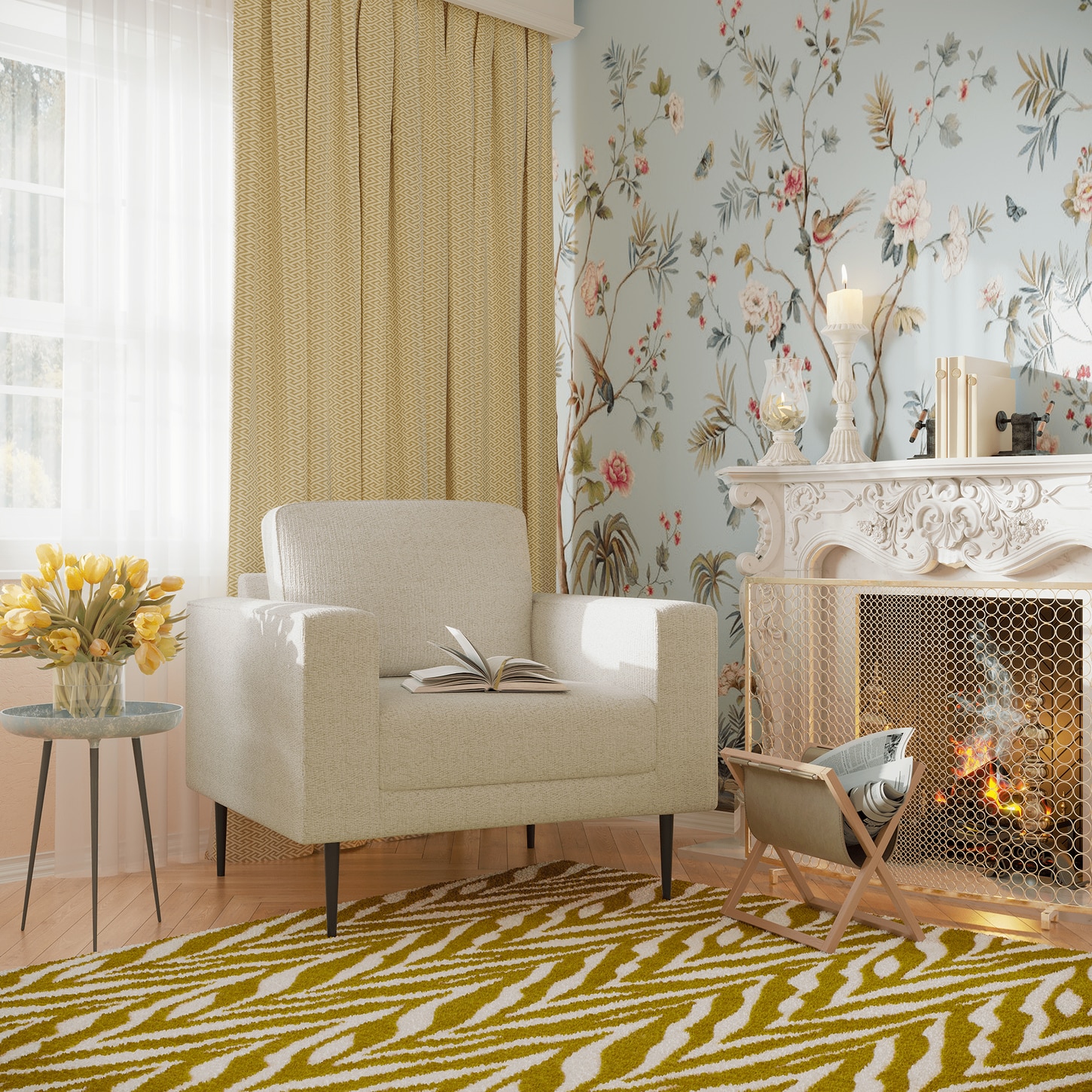 living room with fireplace, chair, side table and curtains