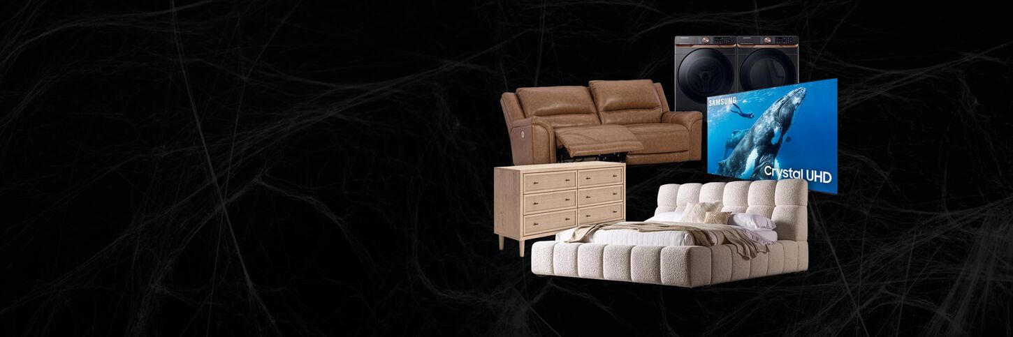 Black Friday Preview up to 60% off: collage of Black stainless laundry pair, TV, Brown leather sofa, & sherpa bed