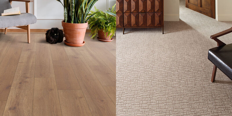 two lifestyle pictures side by side all pictures are of living rooms the first shows a wood grain style hard surface flooring with a black cat and two potted plants the second picture shows a tan carpet with a black chair