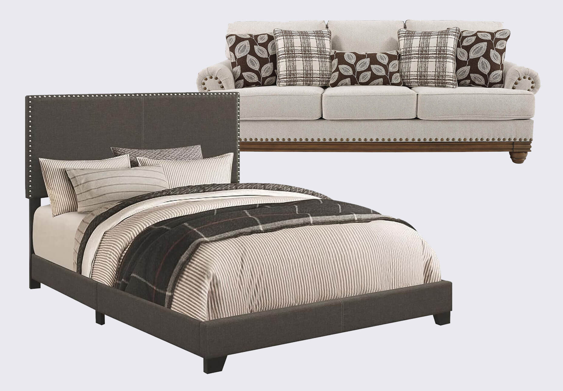 Pacific Landing Boyd Queen Upholstered Panel Bed in Charcoal and Signature Design by Ashley Harleson Stationary Sofa in Wheat