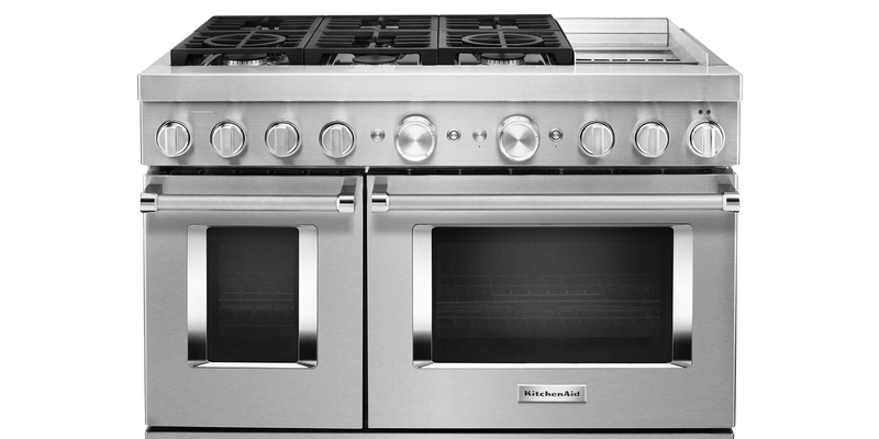 Wolf 48 in. 6.9 cu. ft. Double Oven Freestanding Gas Range with 4 Sealed  Burners & Griddle - Stainless Steel