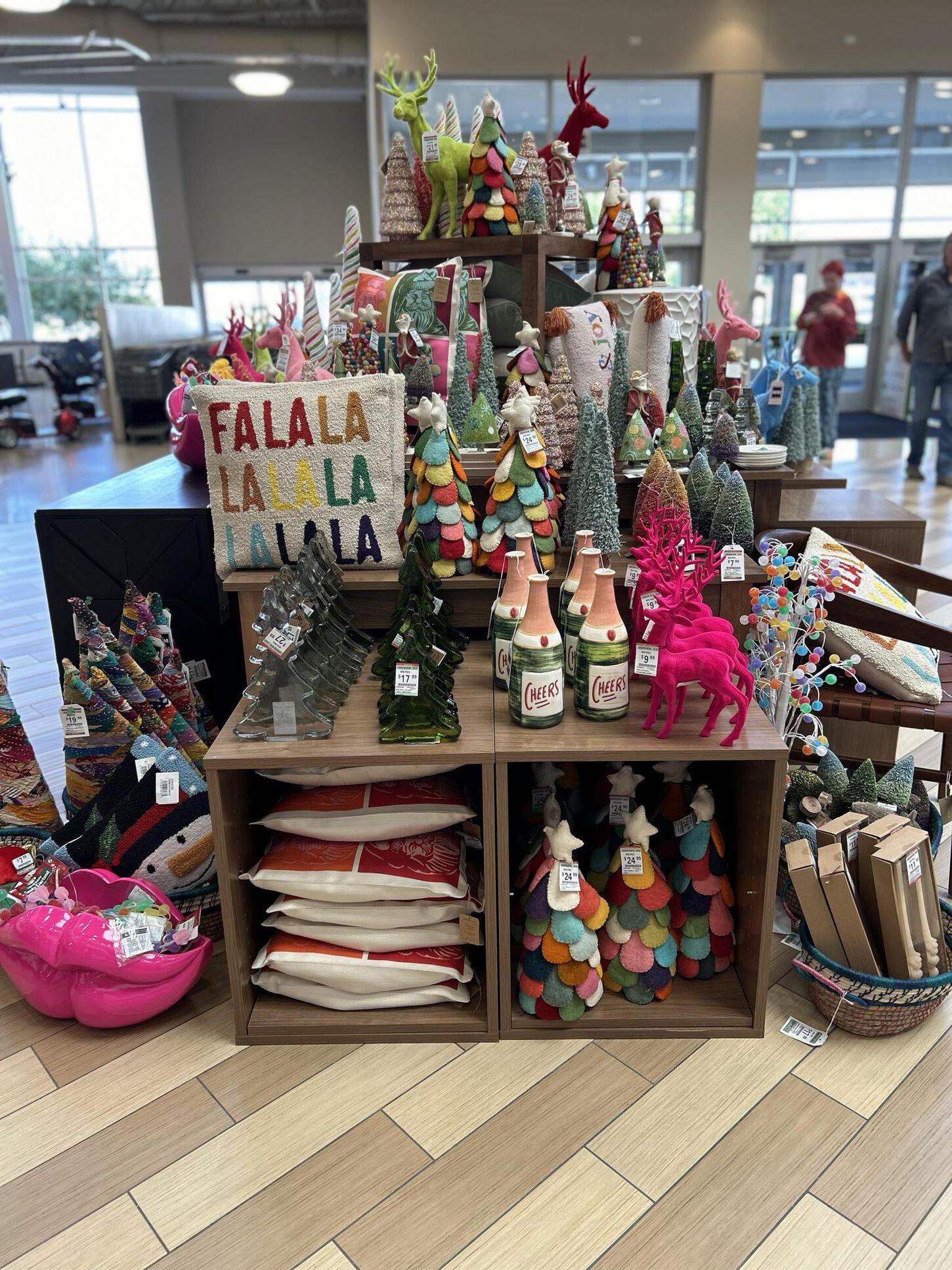 christmas decor in various colors