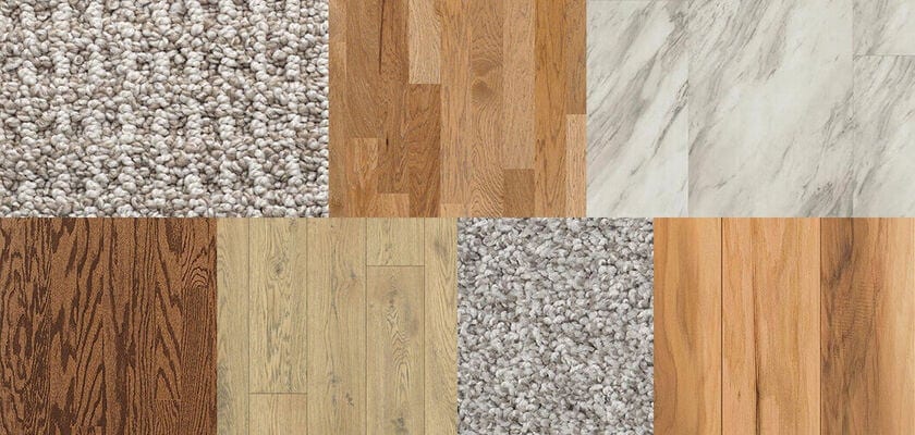 Various flooring types from wood to stone to carpet.