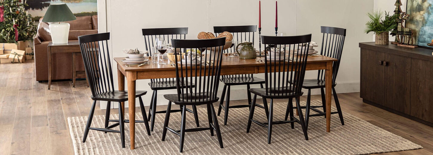 Dining room table set with sideboard and Christmas tree
