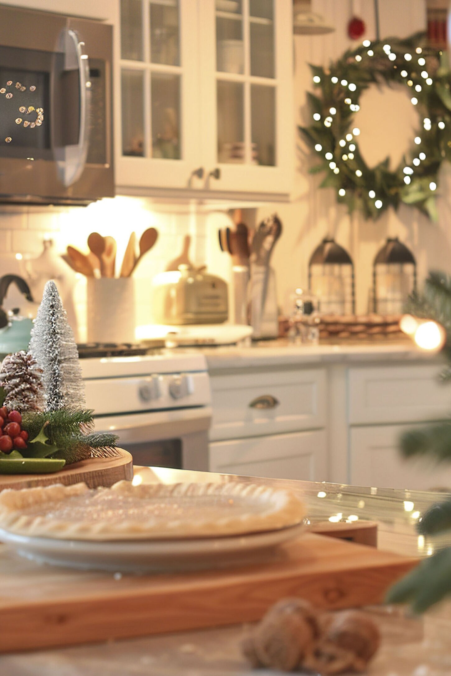 Kitchen decorated with Christmas decorations and a pie on the counter