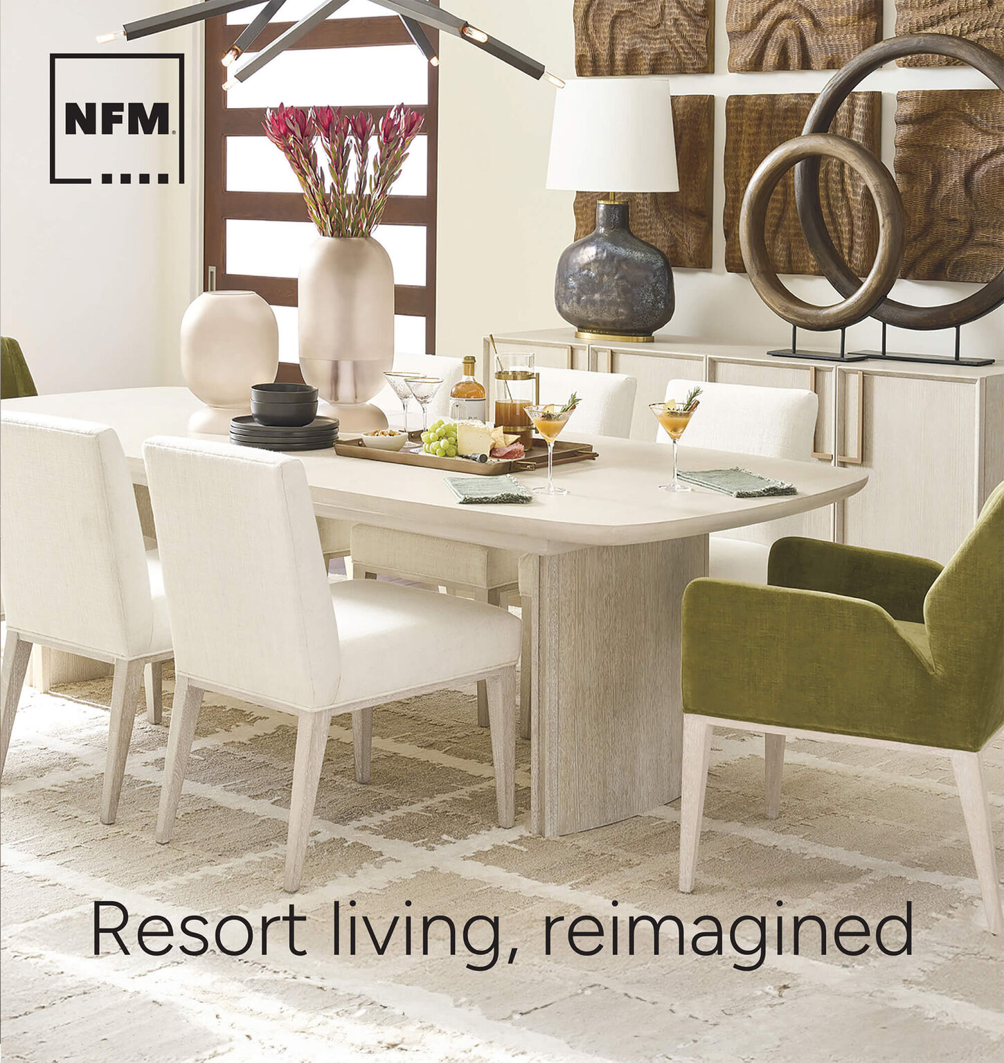 Front Cover of NFM's Design Gallery Catalog featuring a dining room with white furniture and neutral accents
